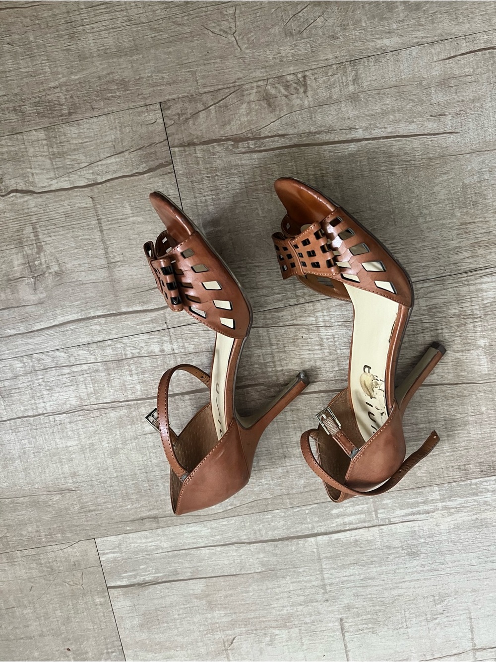 Unisa Tan Brown Perforated Peep-Toe Ankle Strap Heels - Picture 3 of 4
